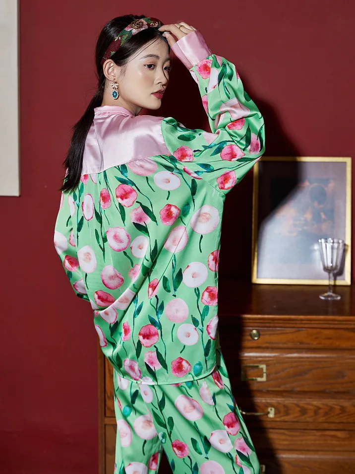 Pastoral print high-quality ice silk long-sleeved trousers women clothing sets summer plus size pijamas women