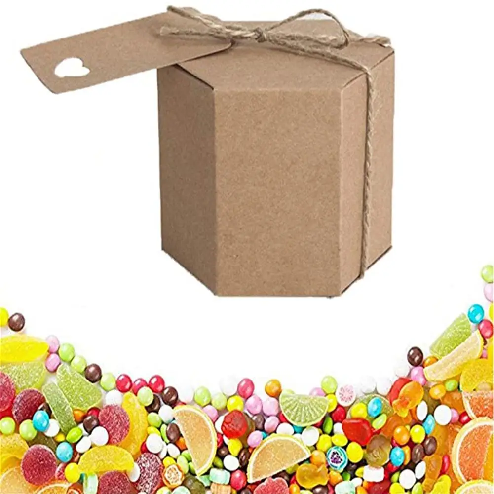 

50pcs Hexagonal Kraft Carton with Blank Label Rope Stylish Unique Beautiful Birthdays Wedding Parties Candy Biscuits Gift Box