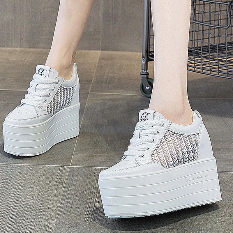 Genuine Leather 12cm Air Mesh Chunky Sneakers Wedge Platform Lace Breathable Heels Hollow Shoes Vulcanized Summer Women Shoes
