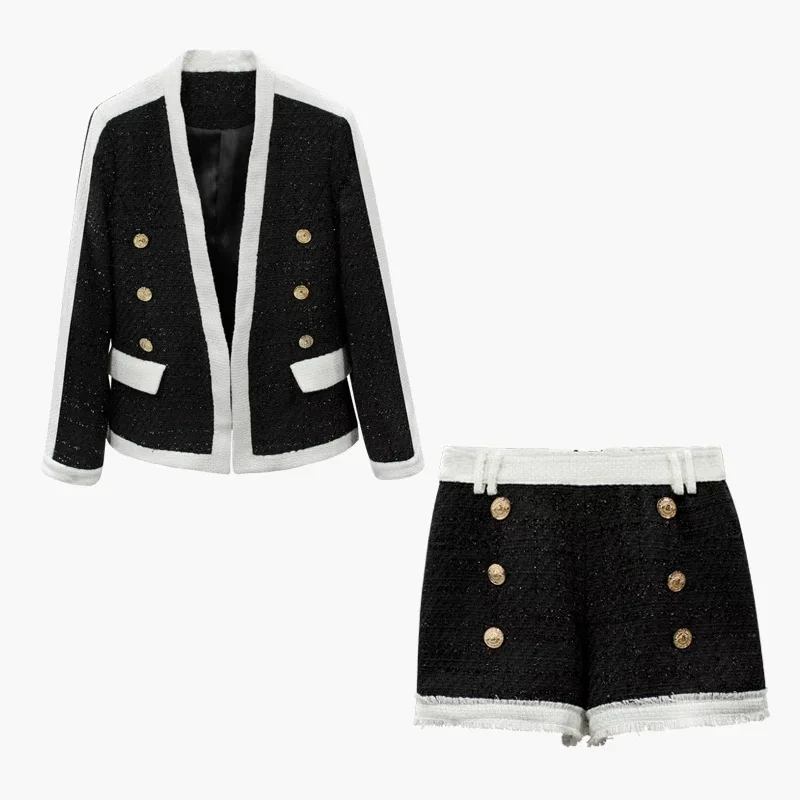 

High Quality Autumn and Winter Fashion Woemn's Black and White Colorblock Bright Silk Tweed Collarless Blazer + Shorts 2pcs Set