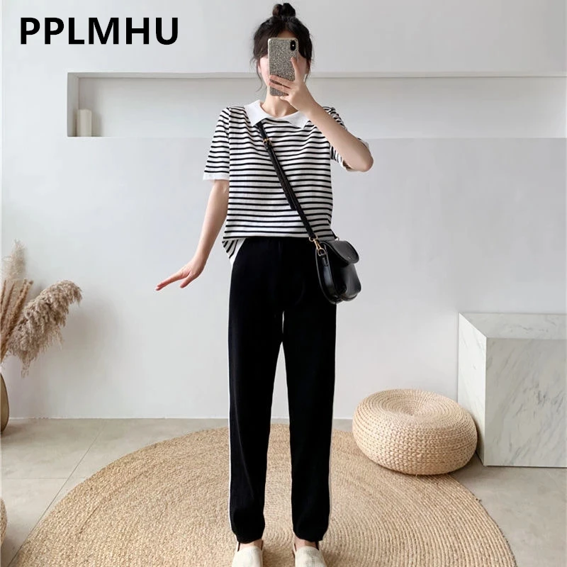 Дешевые полосатые вязаные комплекты из двух предметов Женский Летний Тонкий