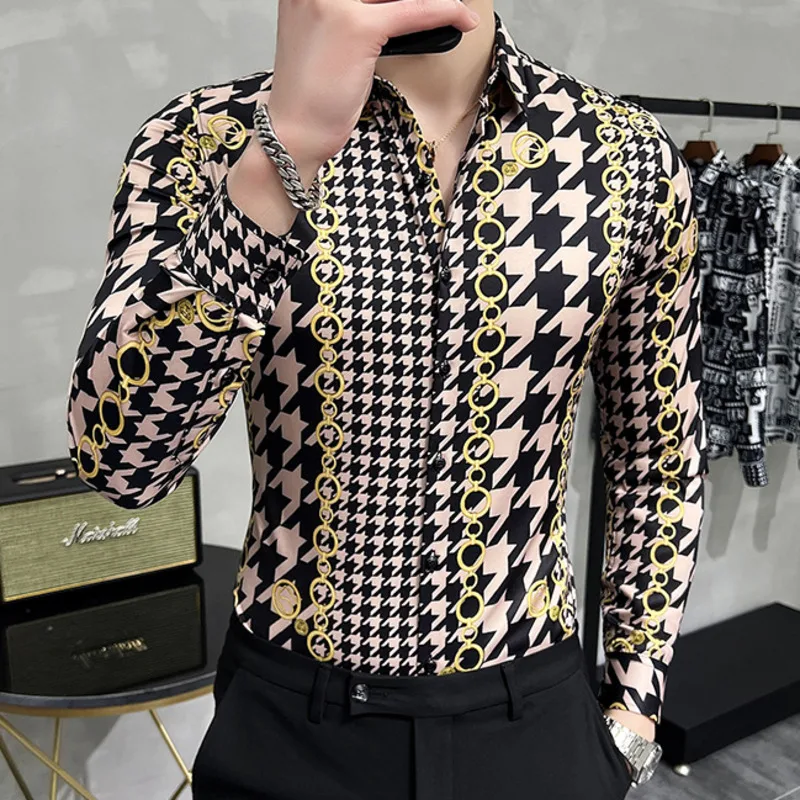 

2022 Men Black Gold Baroque Print Flower Shirt Men Slim Fit Dress Shirt High Quality Korean Streetwear Social Camisa Masculina