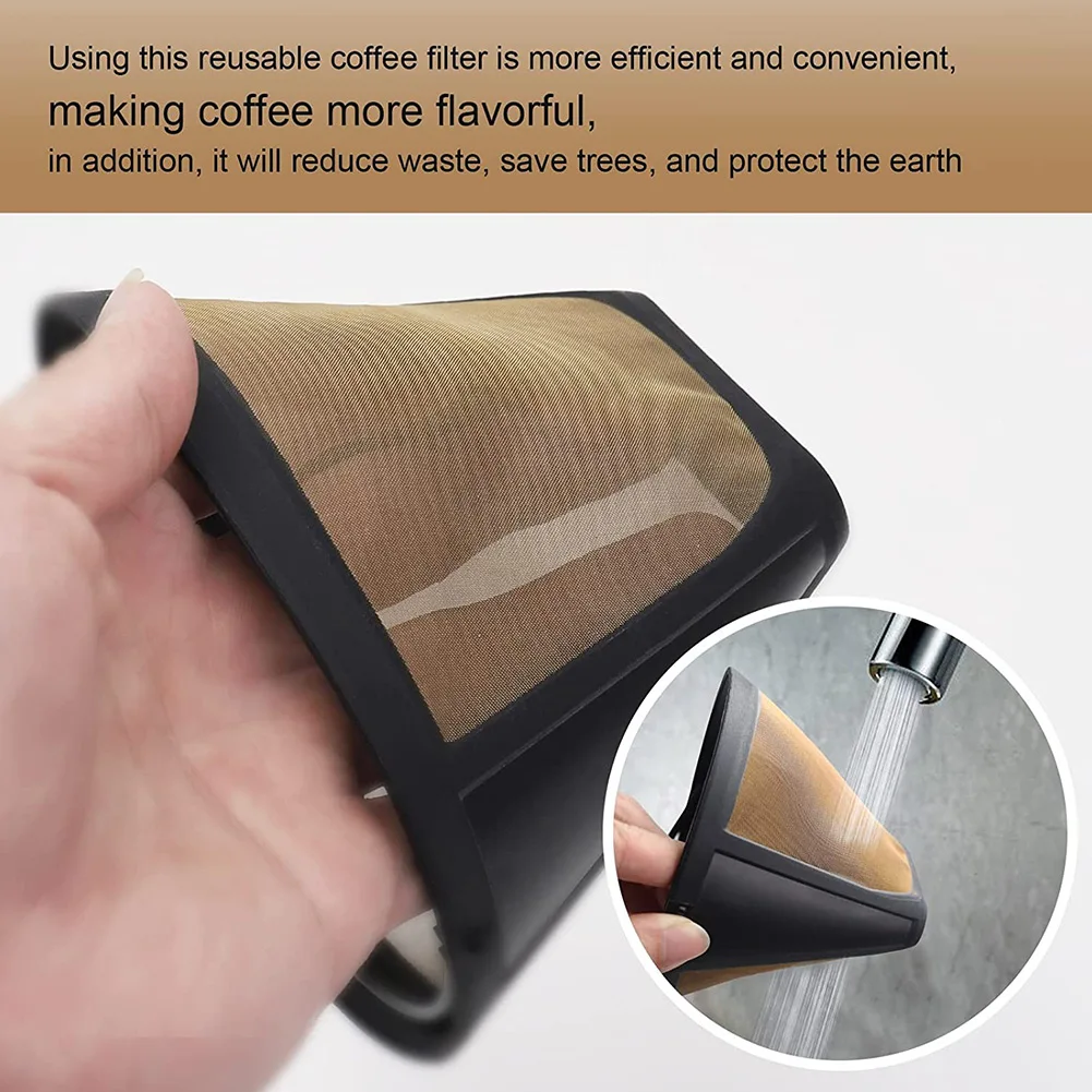 

Useful Reusable 10-12 Cup Coffee Filter Permanent Cone-Style Coffee Maker Machine Filter Gold Mesh With Handle Cafe Coffees Tool