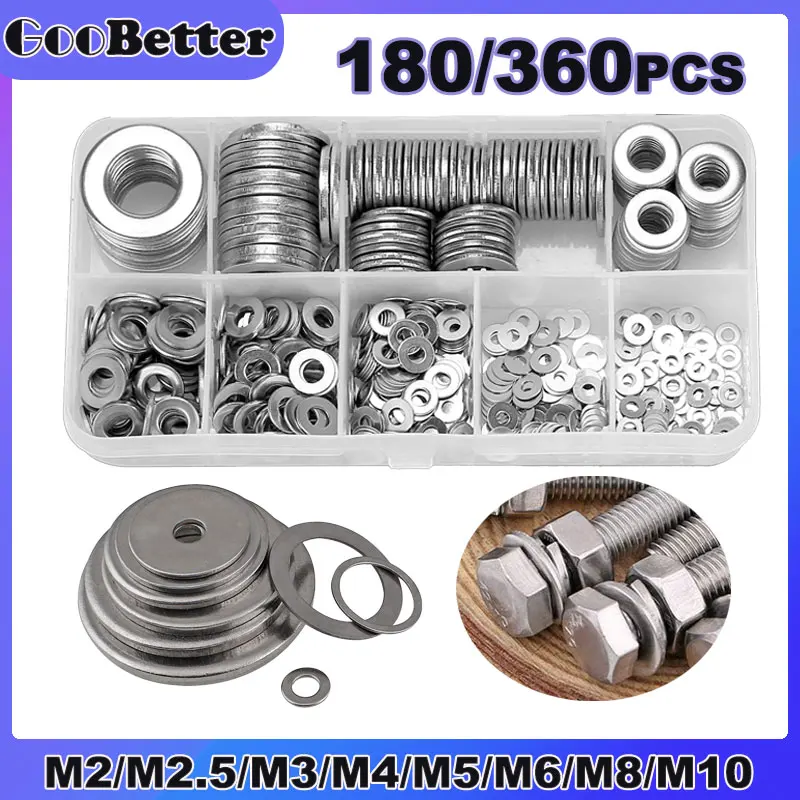 

360/180Pcs Stainless Steel Washer Set M2 M2.5 M3 M4 M5 M6 M8 M10 Sealing Ring Solid Gasket For Screw Bolt And Nut Seal Rings