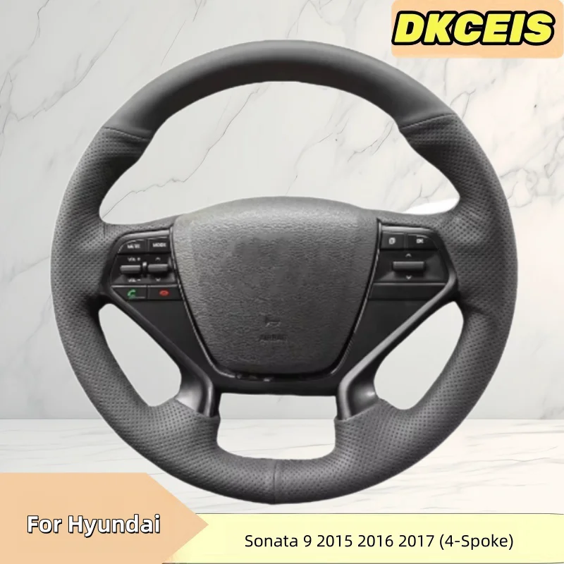 Фото Автомобильный чехол на руль из искусственной кожи, дышащий черный для Hyundai Sonata 9 2015 2016 2017, (4 спицы), плетеный чехол на крестообразное колесо №1