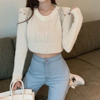 women casual solid color o neck long sleeve knit sexy chic tops autumn diamonds knitted sweater pullovers female clothes fashion