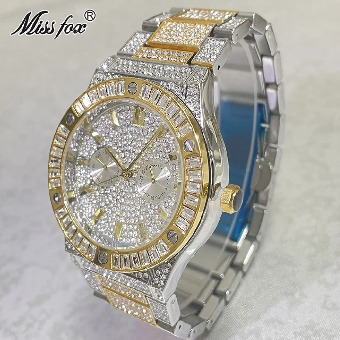 

Top Luxury Brand MISSFOX Gold Sliver Watches Men Fashion Iced Out Wrist Watch Diamond Automatic Date Clock Man Gift Reloj Hombre
