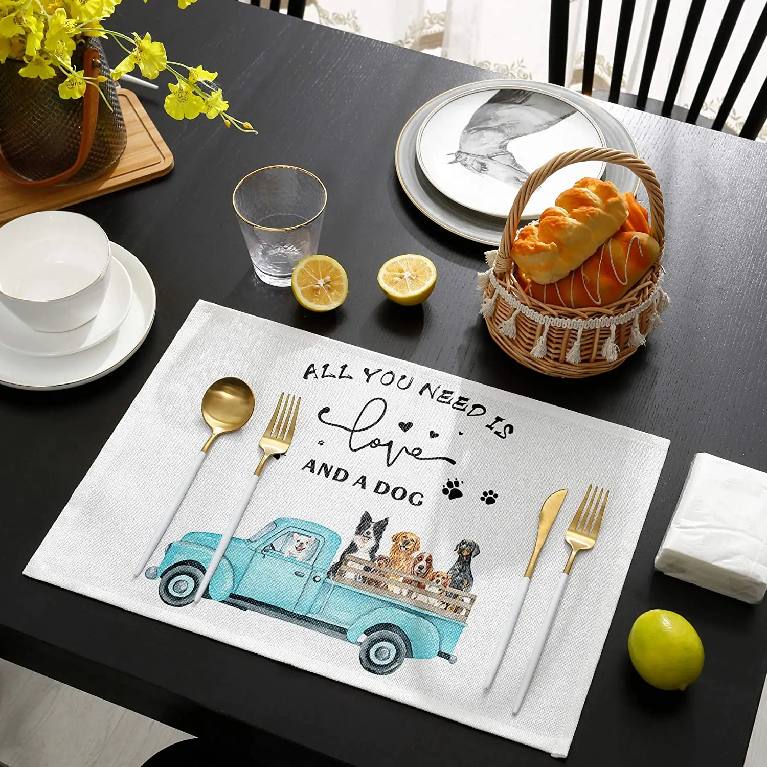 

Durable Waterproof Placemats Vintage Blue Truck Sunflower with Cute Dogs Cotton Linen Heat Proof Washable Farmhouse Place Mats