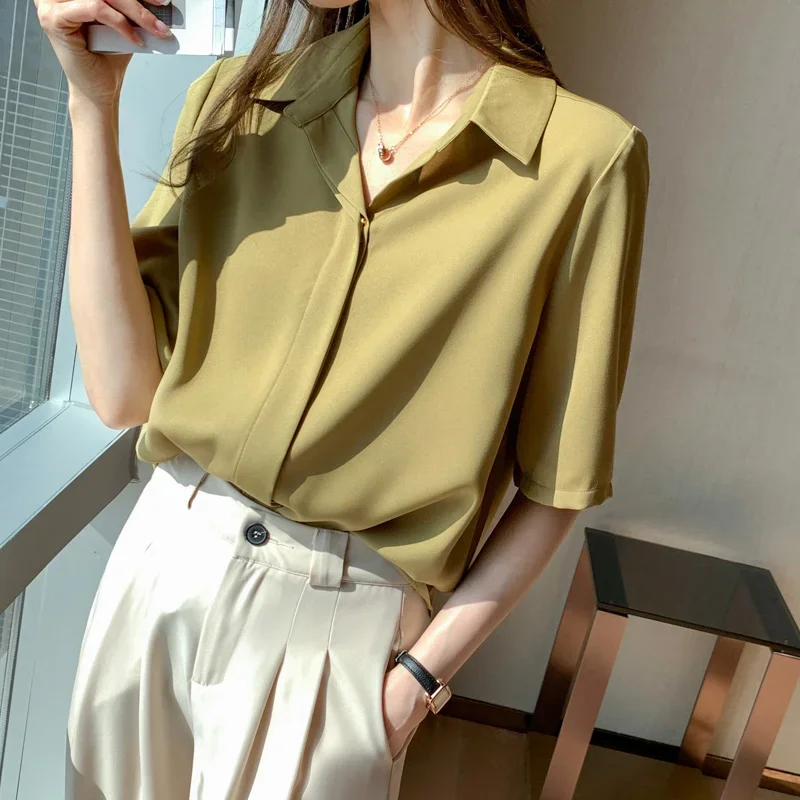 

Summer Short-sleeved Blouse Women Commuting Solid Color Chiffon Women's Blouse Blusas Mujer De Moda Camisas C047