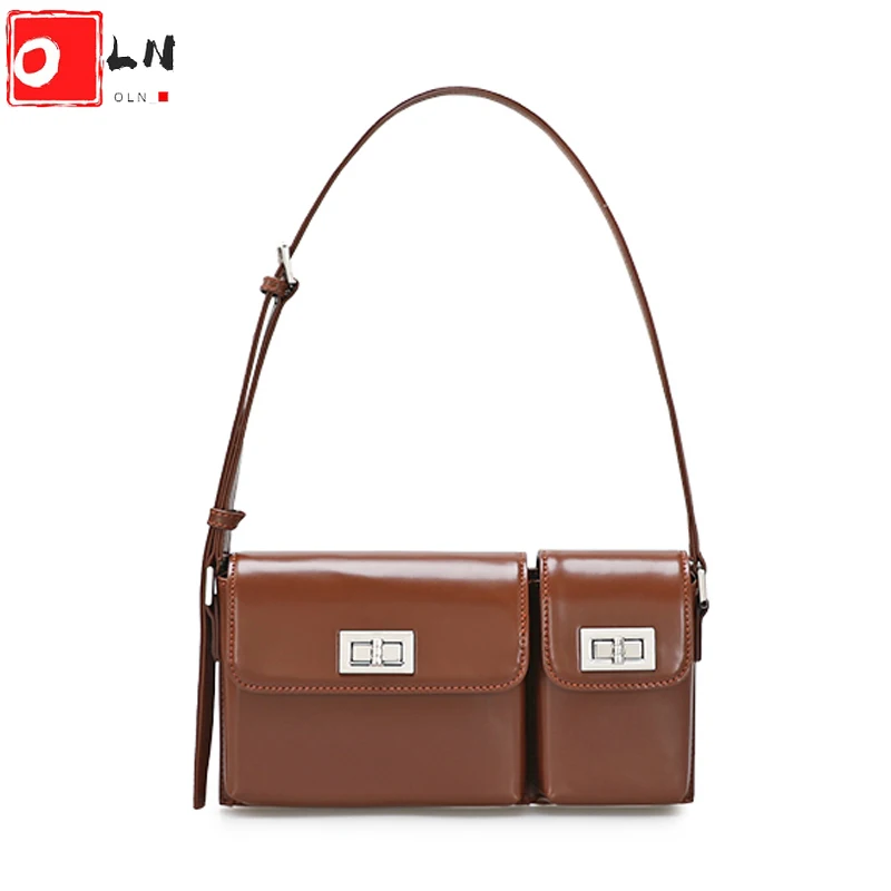 

Niche Brand Women Shoulder Bag Luxury Patent Leather Small Handbag Fashion Designer Double Pocket Lock Underarm Baguette Bags