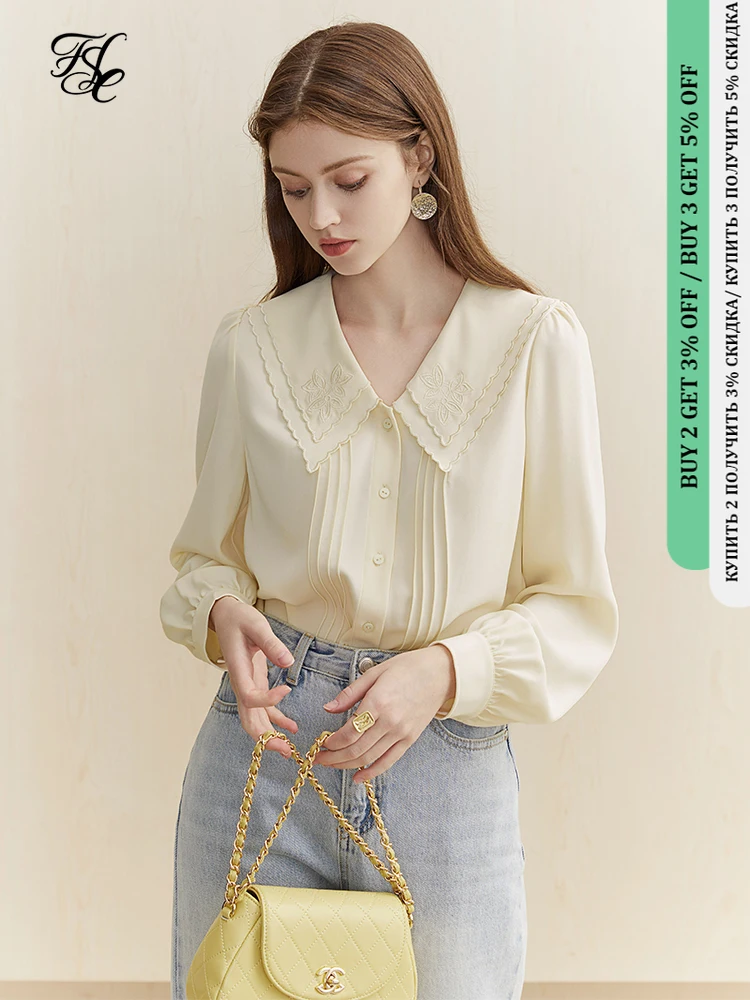 Шифоновая Блузка с цветочной вышивкой FSLE рубашка Женская двухслойная