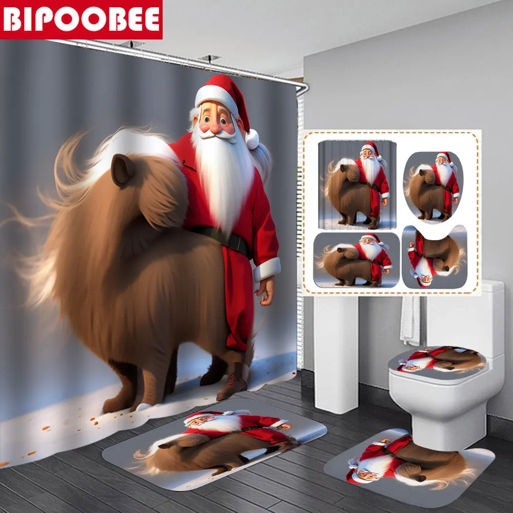 

Santa Claus 3D Shower Curtains with Hooks Merry Christmas Bathroom Curtain Non-slip Mat Toilet Lid Cover Bath Rug Festival Decor