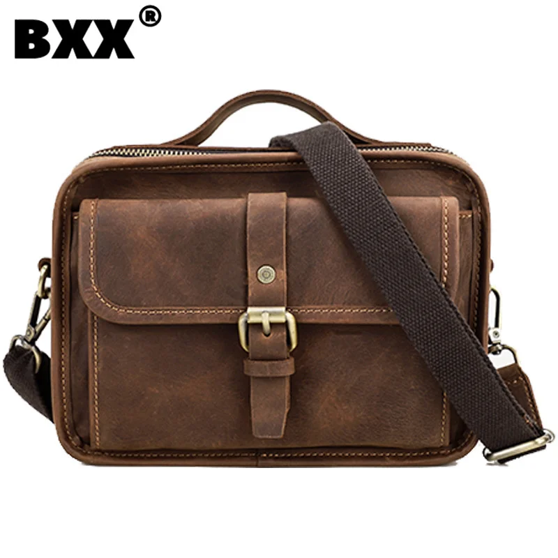 

[BXX] Fashion Vintage Solid Color Genuine Leather Zipper Sequined Men's Handbag Temperament Shoulder Crossbody Bags Male 8CY624