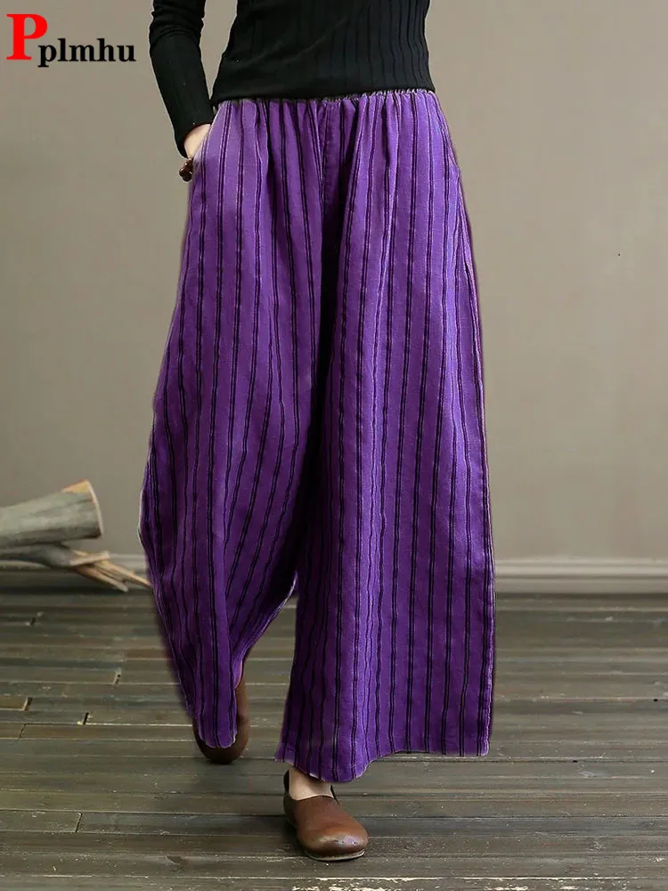 Women Vintage Cotton Linen Striped Wide Leg Pants High Waist Baggy Trousers Oversize 5xl Pantalones Ankle-length Thin Spodnie