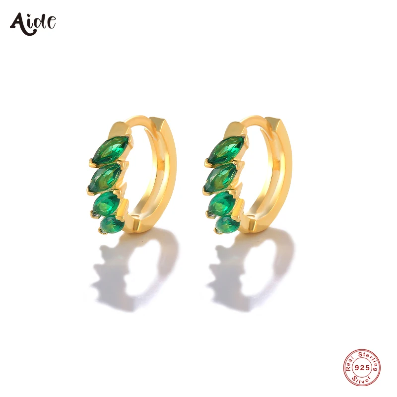 

Aide 925 Sterling Silver Four Emerald Green Oval Zircon Hoop Earrings For Women Gift 9mm Circle Huggies 18K Gold Plated Earrings