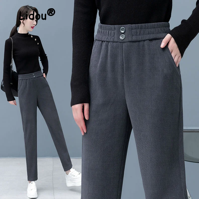 

Fashion Lamp Core Solid Color Button Harem Pants Women Pockets Waist High Waist Casual Autumn Winter Plush and Thicken Trousers