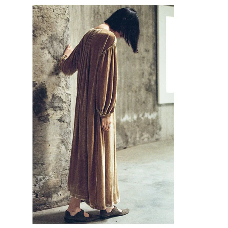 Шелковое бархатное женское весенне-осеннее платье с длинными рукавами и круглым