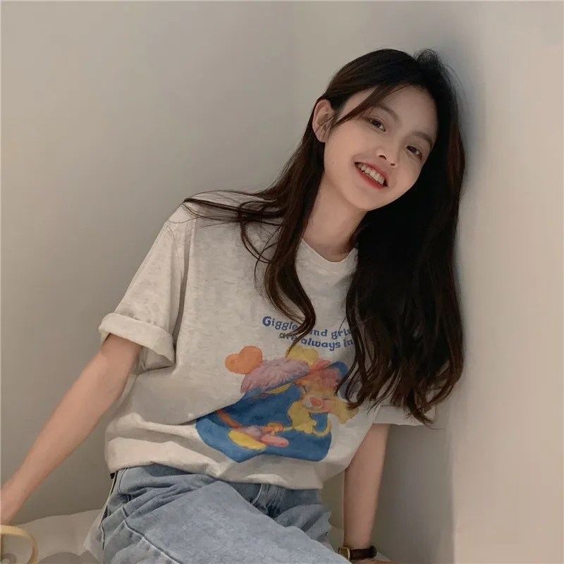 

2023 Summer New Round Neck Short Sleeve T-shirt Women's Fashion Cartoon Print Loose Versatile White Grey High Quality Top
