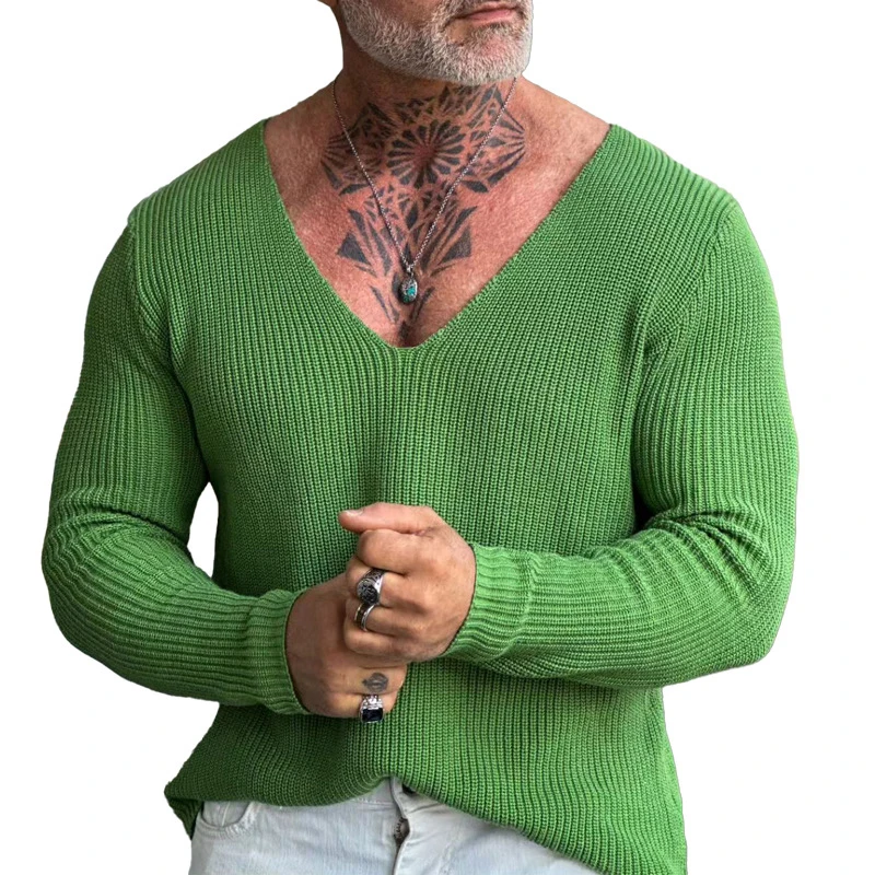 

Sexy V Neck Sweater Men Casual Solid Color Long Sleeve Knit Jumper Tops Fashion Ribbed Knitted Sweaters Men's Clothing Autumn