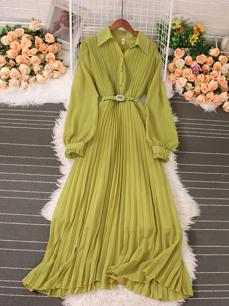 

Женское Плиссированное длинное платье, винтажное однобортное Платье макси с отложным воротником и пышными рукавами, Драпированное платье с высокой талией, весна-осень