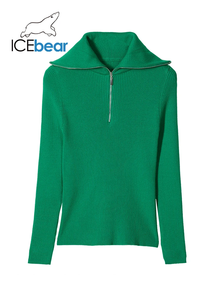 

ICEbear 2022 Women Sweater Long Sleeve Slim Autumn Zipper Turn Down Collar Pullover Femme Soft Jumper Knitted Top 2022AW002