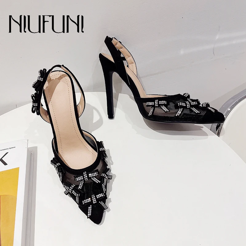 

NIUFUNI/женские босоножки с острым носком, сетчатый Стразы, с бантом однотонные черные вечерние на высоком каблуке, с пряжкой Размеры 35-42, лето