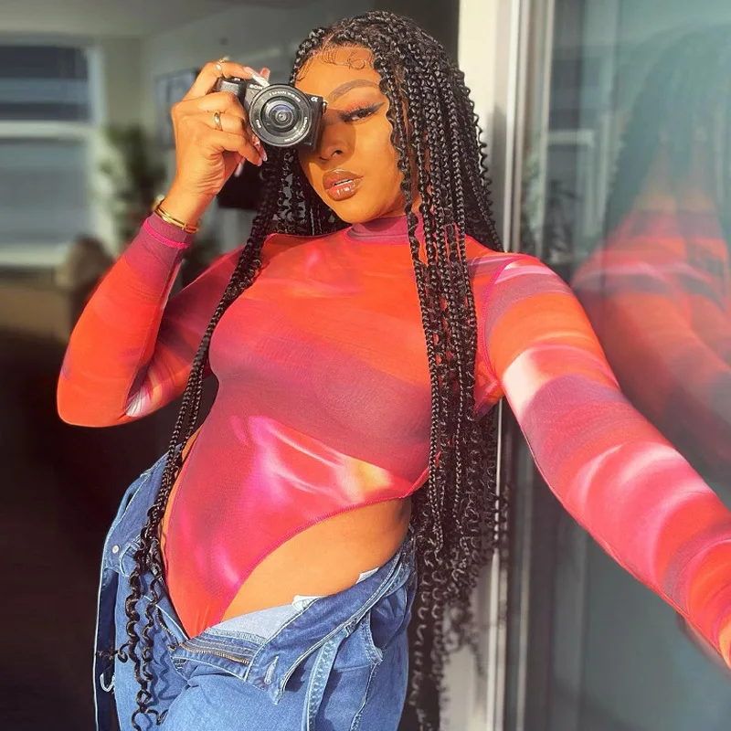 Trendy Mesh Bodysuit Women Long Sleeve See Through Printing Overall Sexy Spring Summer Jumpsuit Transparent Mesh Body Suit