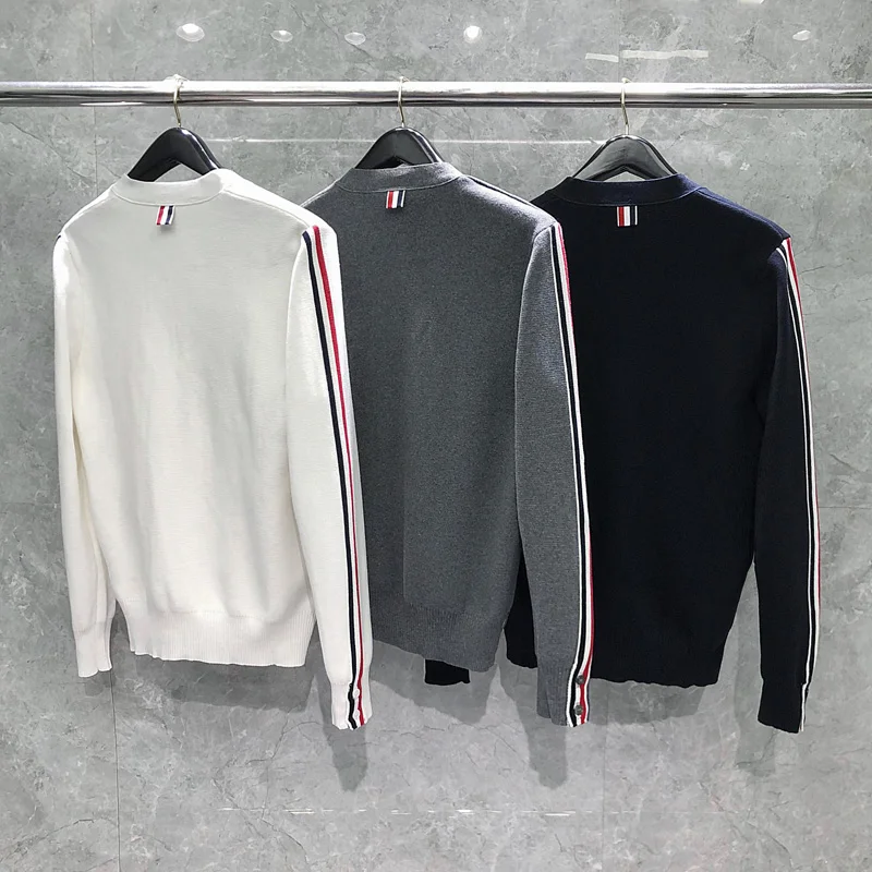 TB THOM Pocket Striped Design Men's Sweater Classic Wool Knitted Cardigan Outerwear Autunm Winter Luxury Brand Sweater for Men