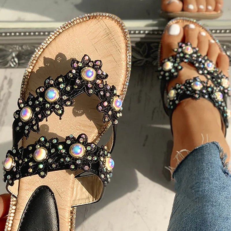 

2022 Summer New Pearl Flower Plus Size Slippers Fashion Casual Slippers Flip Flops Beach Plus Size Flat Slippers for Women