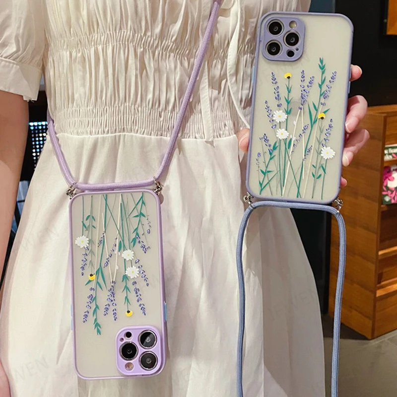 

Crossbody Necklace Strap Lanyard Flower Phone Case For iPhone 13 12 Mini 11 Pro XS Max XR X 8 7 Plus SE 2 3 Matte Hard PC Cover