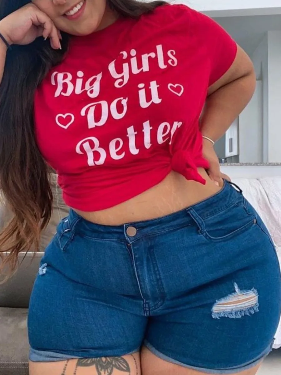 LW Plus Size Street O Neck Letter Print Red T-shirt Womens T-Shirt Street Breathable Short Sleeve Casual Clothes Summer Tshirts