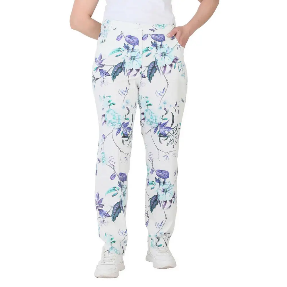 Fierte Women Large Size Pants CcEin Linen High Waist Straight Trotting Zipper Closure Sports Pocket Flower Pattern Summer Spring Slim Casual