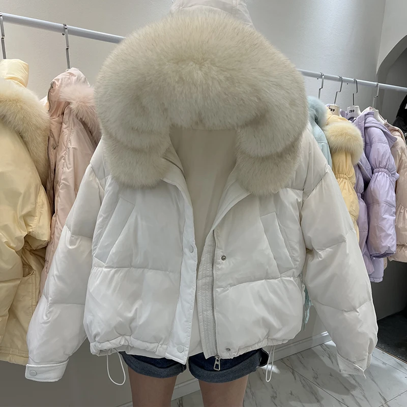 White Duck Down Jackets Women Winter Fashion  Female Real Big Fur Collar Hooded Coats Ladies Short Loose Overcoats Coat enlarge