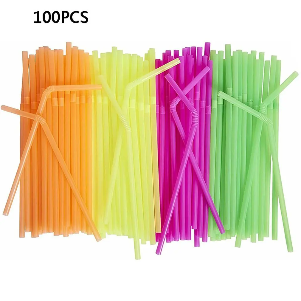 

NEW 100pcs Disposable Plastic Drinking Straws Long Multi-colored Bendable Disposable Straws Party Birthday Celebration Supplies