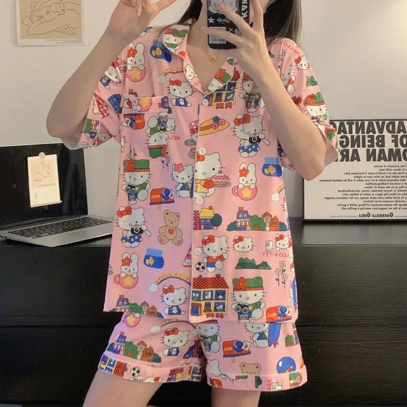 

Anime Sanrio Hello Kitty Pajamas Cute Ms Summer Shorts Thin Puzzle Loungewear Set Ladies Pajamas 2 Piece Set for Girlfriend Gift