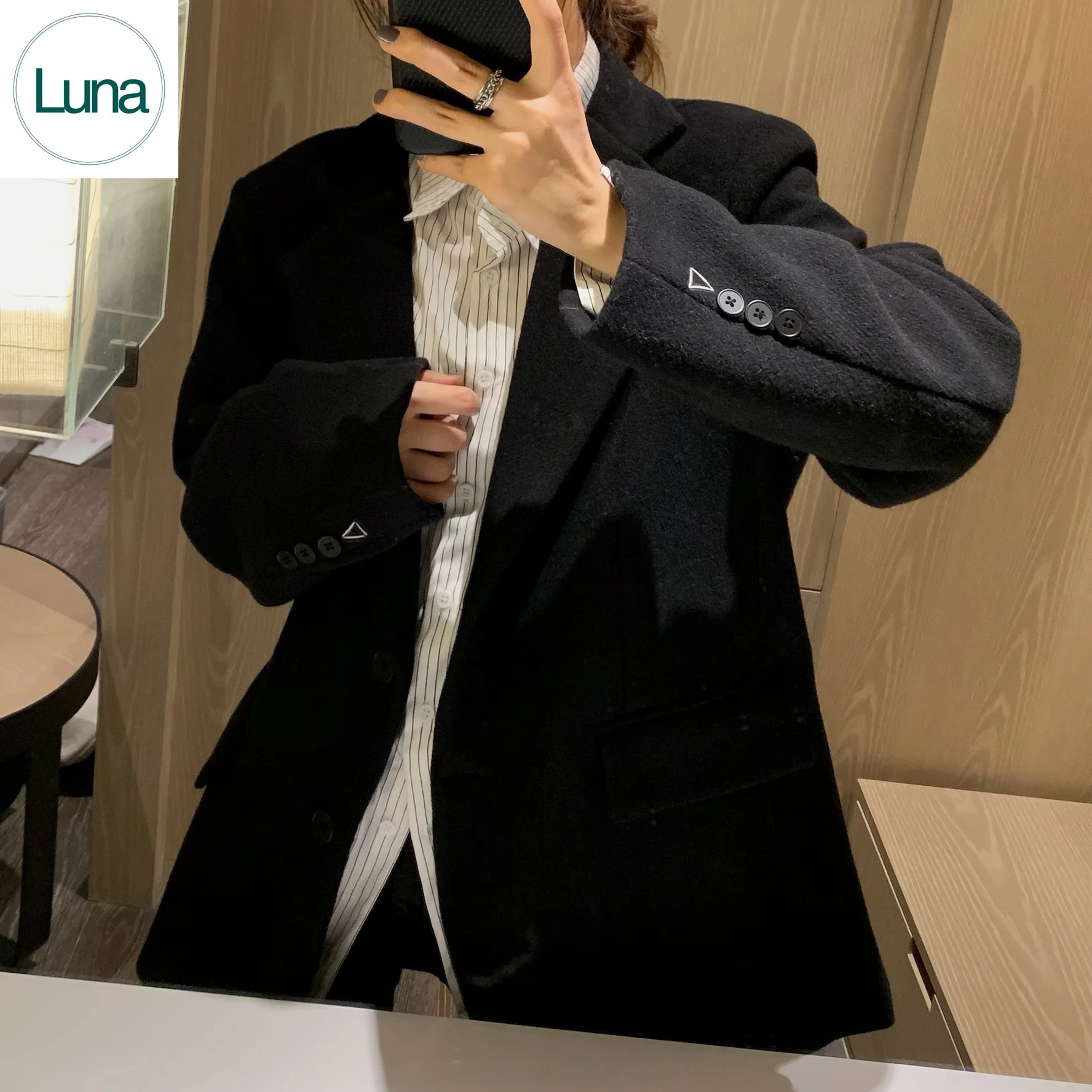 

Женское шерстяное пальто оверсайз, черное свободное утепленное пальто в Корейском стиле, Осень-зима 2023