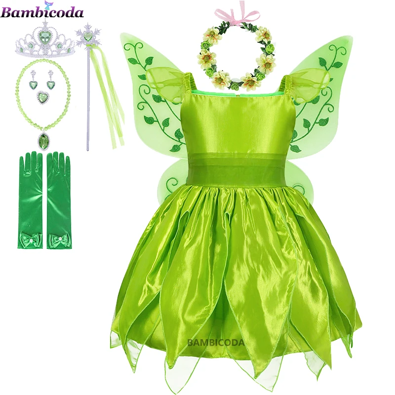 2022 Girls Fairy Tinkerbell Princess Dress Halloween Party Cosplay Costume Girls Elves Costume with Butterfly Wings Sets