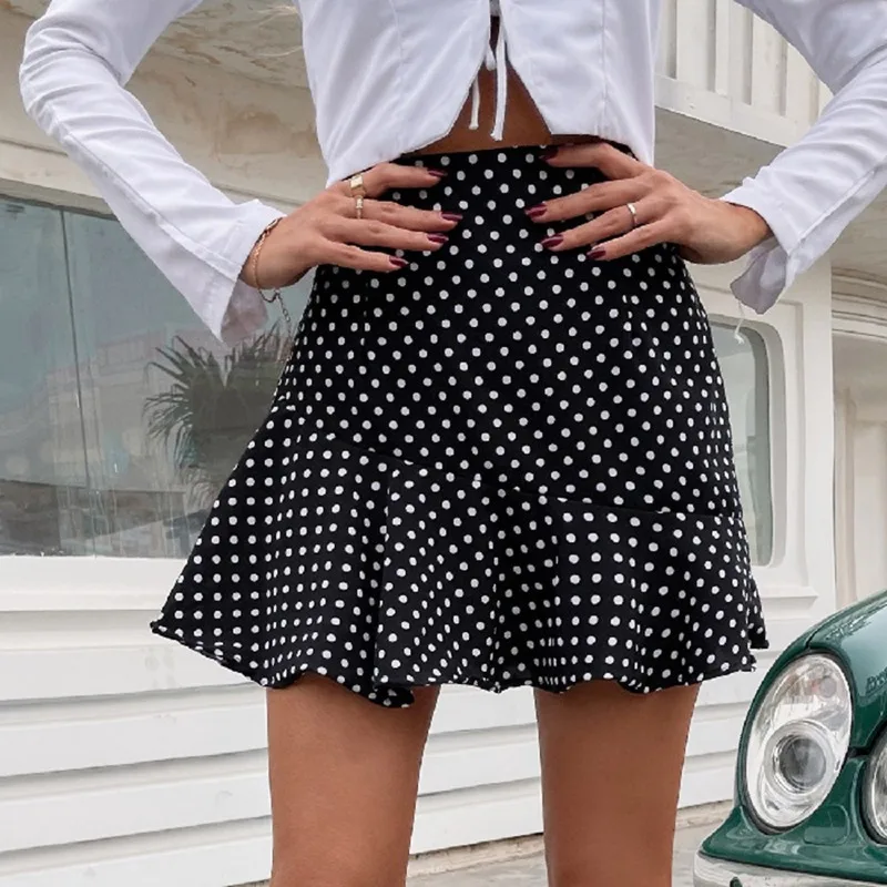

Dots Print Short Mini Skirts Women Summer Ruffle High Waist Skirt Ladies Streetwear Slim Bottoms Saias