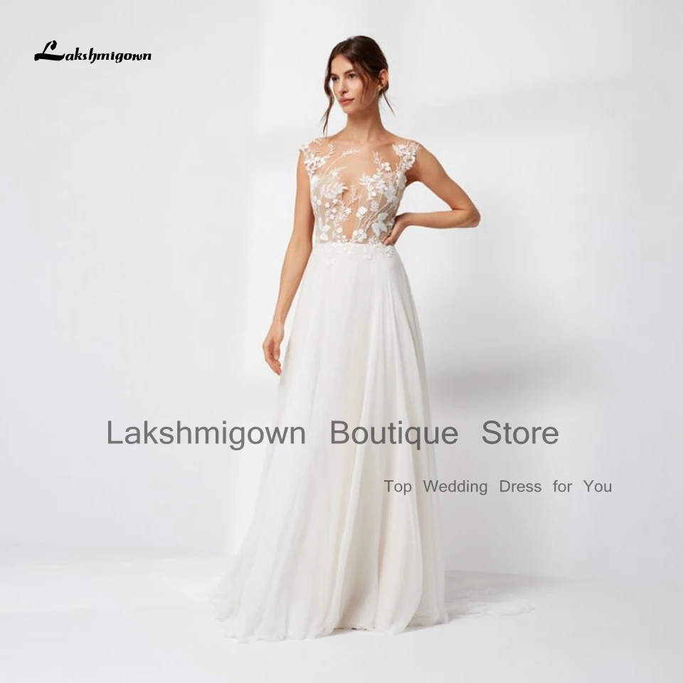 

Lakshmigown Civil Beach Boho Wedding Dress Sheer Illusion 2023 Sexy Bridal A Line Chiffon Wedding Gowns Cap Short Sleeve