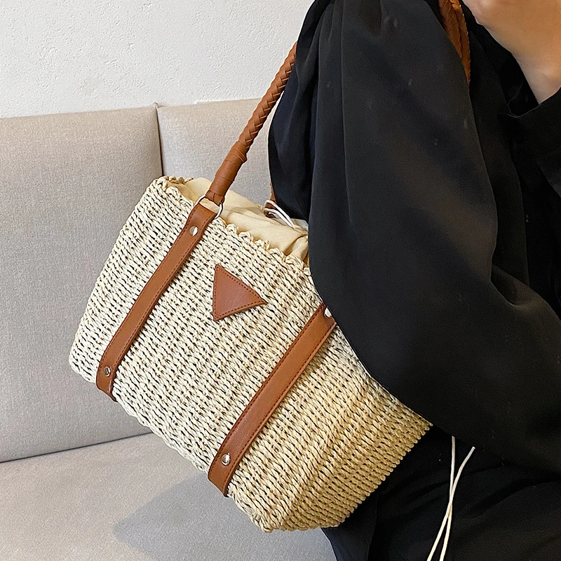 

Brand Straw Woven Handbags for Women Rattan Basket Bags Hollow Tote Patchwork Leather Shoulder Bag Female Summer Beach Bags INS