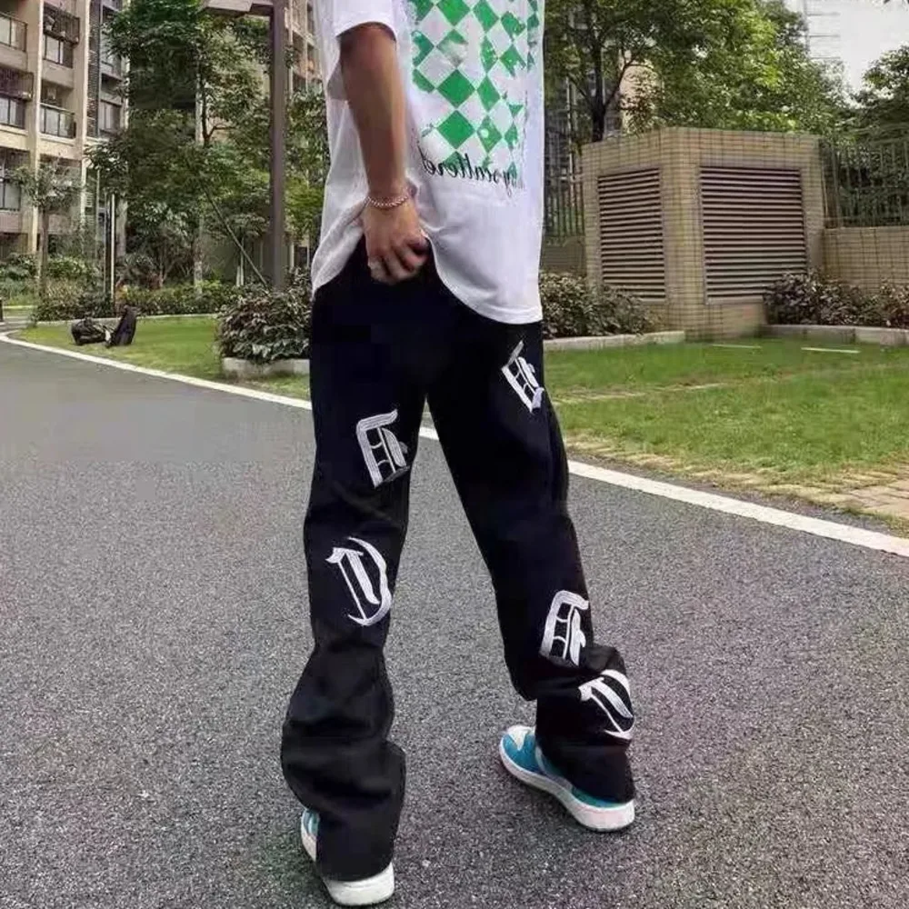 Ropa Embroidered Letters Streetwear Men Hip Hop Baggy Jeans Pants Y2K Clothes Straight Loose Zipper Cuffs Goth Denim Trousers