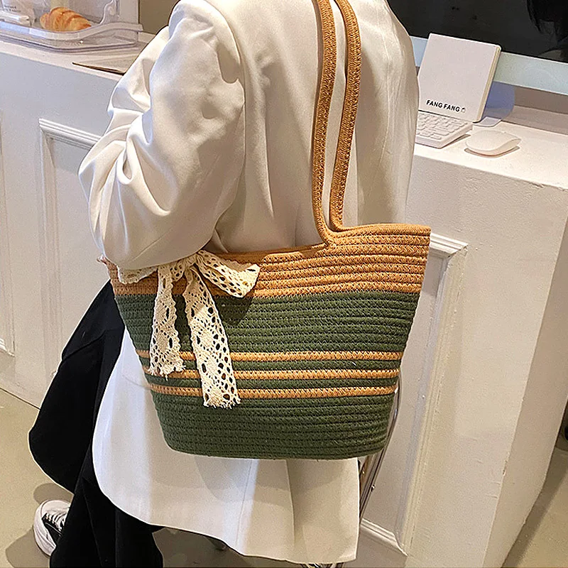 Straw Woven Tote Bags Summer Casual Large Capacity Handbags Fashion Beach Bucket Bags with Bowknot Shoulder Simple Shopping Bags