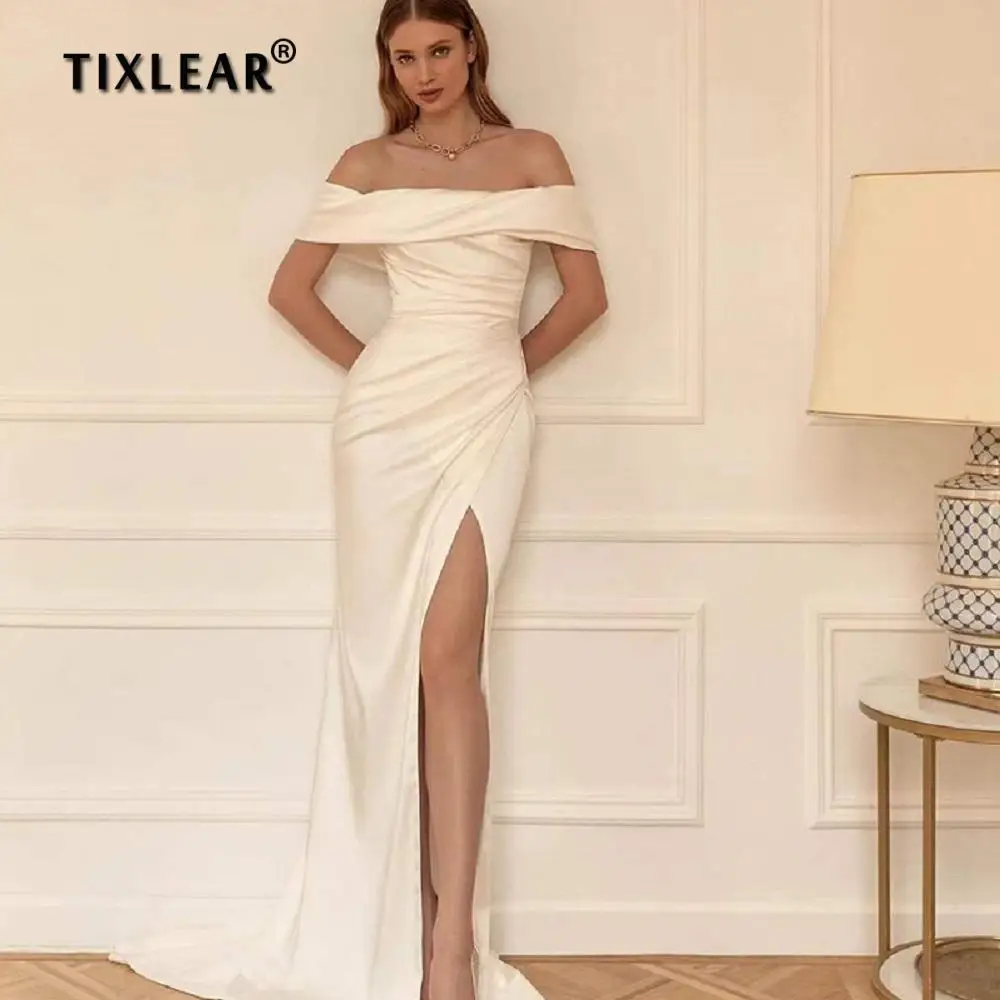 

TIXLEAR Elegant White Mermaid High Split Wedding Dresse Soft Satin Off the Shoulder Sheath Siple Bride Gown Vestido De Novia