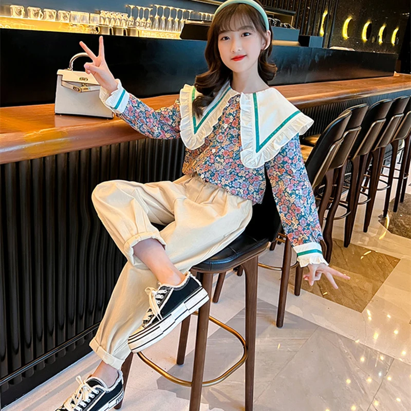 

Girls Suit Blouse +Pants Cotton 2Pcs/Sets 2022 Floral Spring Autumn Thicken Outfits Tracksuits Kid Baby Children Clothing Sets