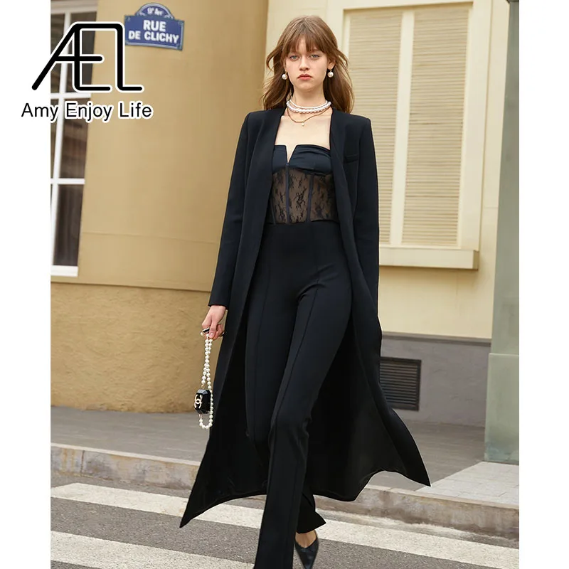 AEL Женский Тренч с v-образным вырезом черный тонкий длинный ветровка 2022 Весенняя