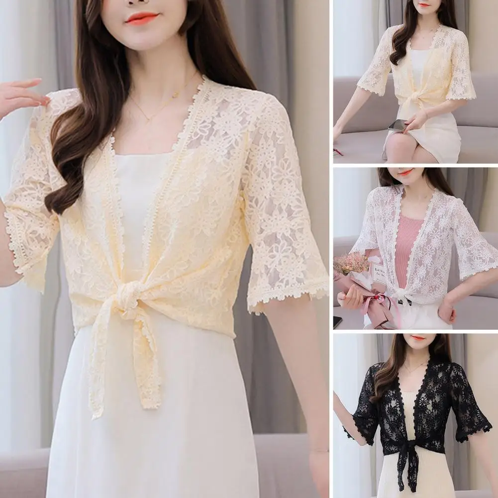 

Women Spring Cardigan Stylish Lace Embroidery Cardigan Half Sleeve Horn Sleeve Shawl Short Type A Solid Color Lady Shirt Women