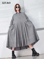 xitao large sizer pleated shirt dress solid color loose splicing turn down collar 2021 autumn new casual long sleeve wmd2012