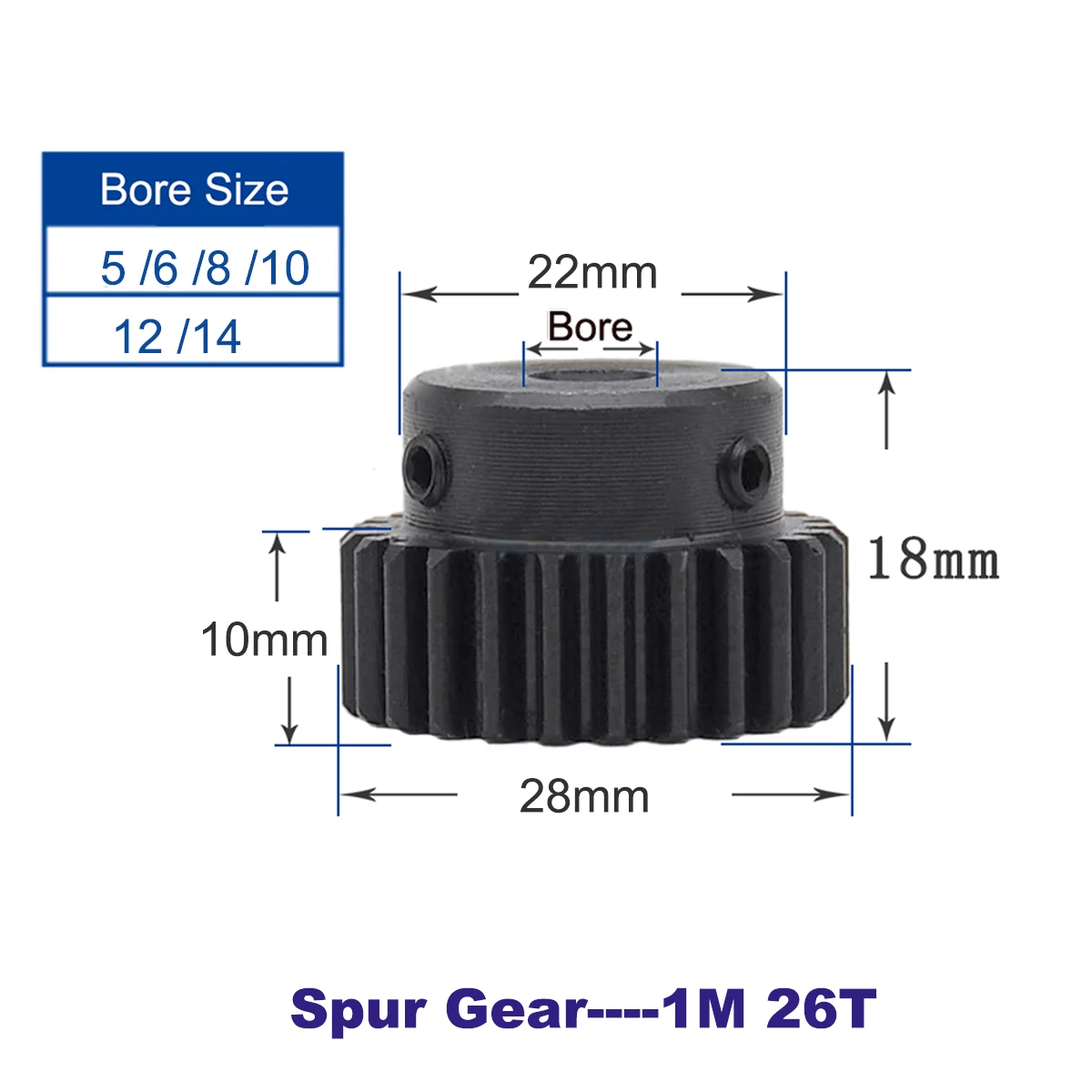 

1M 26T Spur Gear Motor Gear Metal Pinion Bore Size 5/6/8/10/12/14 mm SC45# Steel Material Metal Gear for Motor Teeth Height 10mm