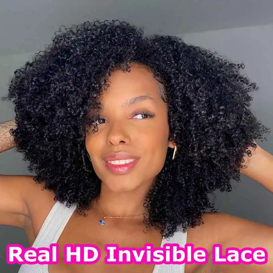Kinky Curly 13X6 Настоящие невидимые HD кружевные фронтальные парики с детскими волосами