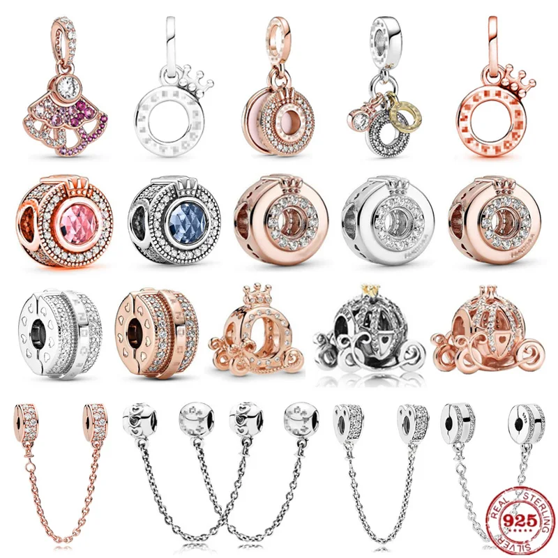 

Genuine 925 Sterling Silver Fits Original Bracelet Crown Fan Shape Pendant Bead Safety Chain Exquisite DIY Jewelry